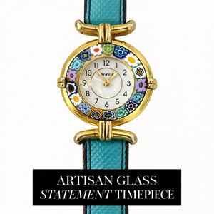 Vintage Murano Millefiori Glass Watch | Gold Tone | Turquoise Leather | Working